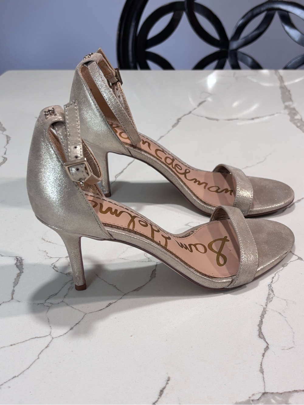 Sam Edelman ‘Patti’ Silver Glitter Open-Toe Ankle-Strap Heels Sandals Women’s 6